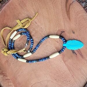 Lapis Lazuli Hematite Hairpipe Bone Turquoise Feather Necklace Southwestern